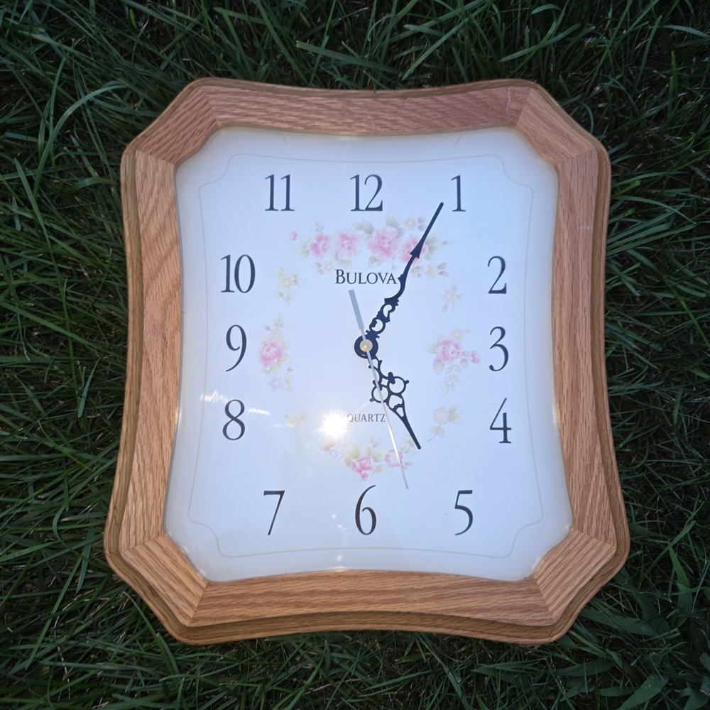 Pfaltzgraff TEA ROSE Bulova Quartz Wall Clock - Wood, Working Vintage